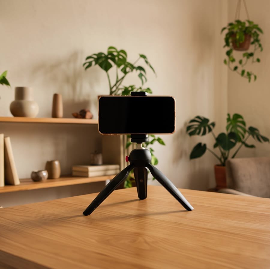 An office desk with a phone on a tripod, ready to film, and a cup of coffee.